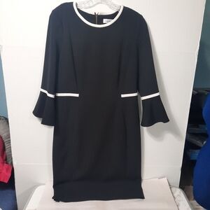 Calvin Klein Bell Sleeve Sheath Dress Black White Piping Short Size 12